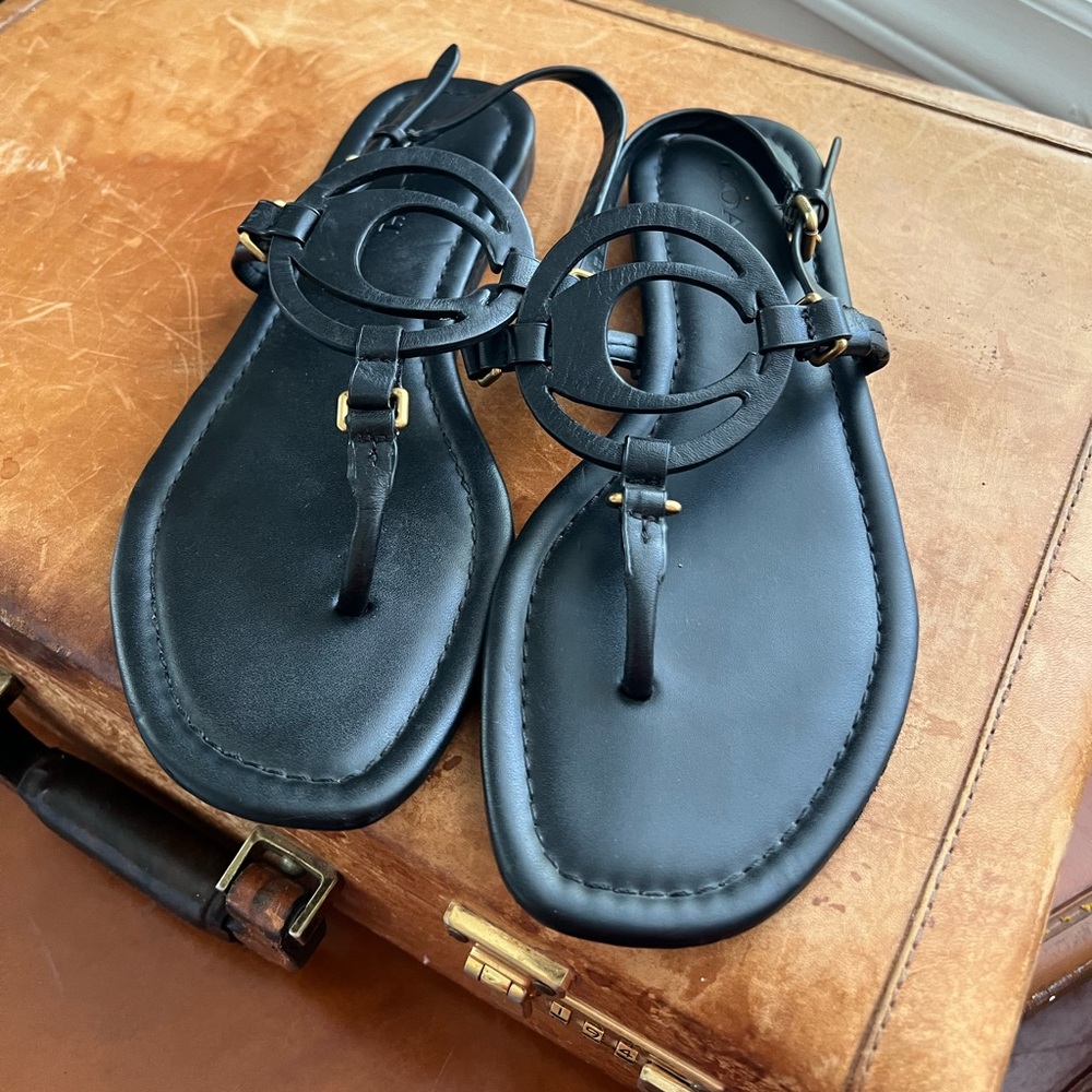 COACH Jeri Black Leather Logo Sandals 8 - Good Used Condition - Picture 4 of 6